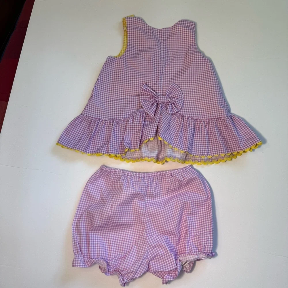 Vintage Austin and Ashley Purple and Yellow gingham embroidery bears 18 mo dress